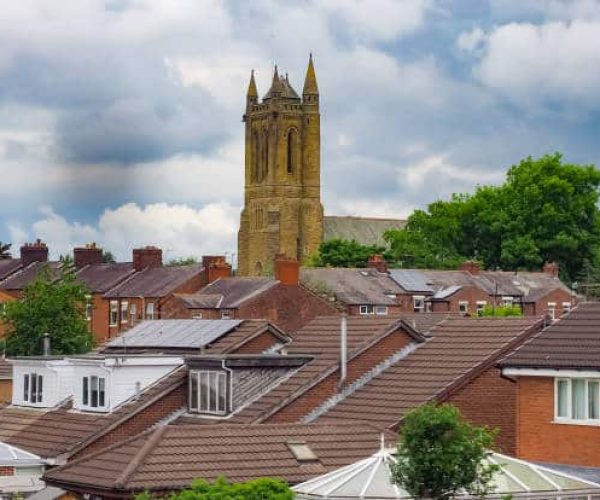View of the city of Leyland, UK with St Ambrose church